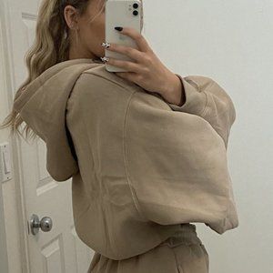 Komfy Kozy Tan Brown Oversized Crop Hoodie Pocket Drawstring Small